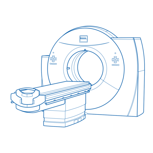 Blue and white illustration of computer tomograph