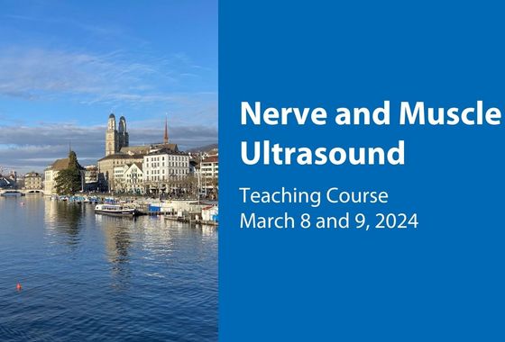 On the left side is shown an ultrasound examination of the foot. On the right side in white letters on a blue background is the title and date of the event.