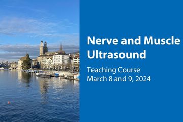 On the left side is shown an ultrasound examination of the foot. On the right side in white letters on a blue background is the title and date of the event.