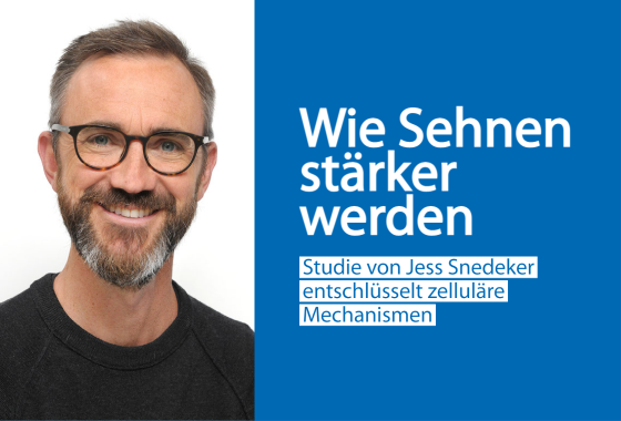 Linke Hälfte: Portrait von Prof. Jess Snedeker. Rechte Hälfte: Kurzer weisser Text auf blauem Hintergrund