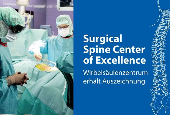 A picture of a surgery and next to it it says "Surgigal Spine Center of Excellence" - spine center receives award.