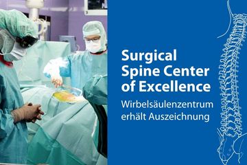 A picture of a surgery and next to it it says "Surgigal Spine Center of Excellence" - spine center receives award.