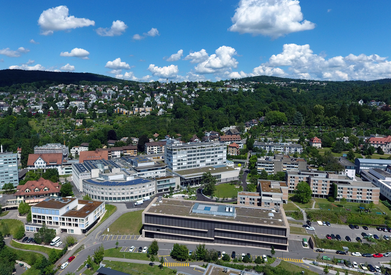 Aerial view of Balgrist University Hospital in the Lengg healthcare cluster.